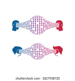 Shilhouette del hombre usa VR Box (Virtual Reality) el vector del logotipo del casco. Leer y ver los datos en línea y la información digital en el mundo. Ilustración de jugar simulación visual y juego 3d en línea.
