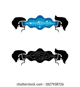 Shilhouette of man use VR Box (Virtual Reality) helmet logo vector. To read and watch the online data and digital information in world. Illustration of playing visual simulation and 3d game online.