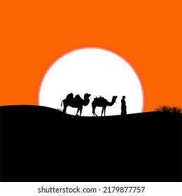 Shillouete of a man and camels going through desert vector illustration. Can use for social media, website, poster, banner and islamic background