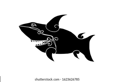 shillouette fish shark vector illustration. hand drawing jaw with big teeth. isolated in white background. for logo, t-shirt design etc. 