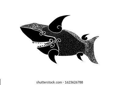 shillouette fish shark vector illustration. hand drawing jaw with big teeth. isolated in white background. for logo, t-shirt design etc. 
