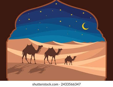 Shilouette desert view and camels flat design illustration