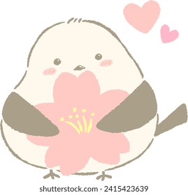 Shimaenaga(Long-tailed tit) holding cherry blossom petals, cute hand drawn illustration