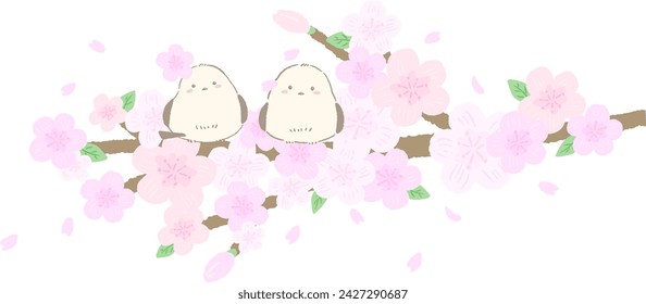 Shimaenaga(Long-tailed tit) perching on a cherry blossom branch, cute hand-drawn illustration