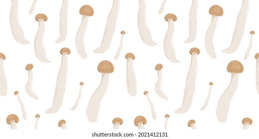 Shimeji mushrooms pattern. Clump of wild forest fungi. Asian raw fungus. Vector illustration isolated on white background.