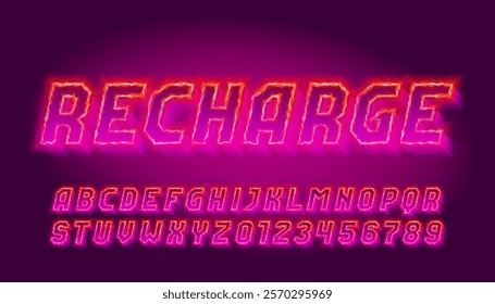 Shimmer alphabet font. Bright neon light letters and numbers. Stock vector typeface for your design.