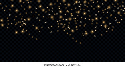 Shimmer bokeh. Graceful sparkling wave. Golden color. Lights effect. Magic glitter particles. Rays. Burst and explosion. Gleam highlight. Glowing elements and shapes. Stardust. Shine from dust. 