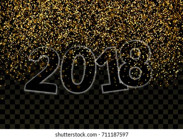 Shimmer Glitter Falling Revealing Happy New Year 2018 Number. Bright golden particle abstract magical Gold on Black Background. Glittering Luxury Design. Holiday, Party Card. Vector illustration