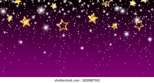 Shimmer light sparkles effect on violet seamless border. Vector white glowing xmas snow and glitter with gold stars background for Christmas, New Year luxury card design