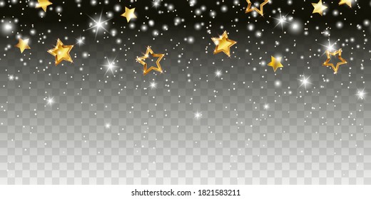 Shimmer Light Sparkles Effect Seamless Border. Vector White Glowing Xmas Snow And Glitter With Gold Stars Isolated On Transparent Background For Christmas, New Year Luxury Card Design