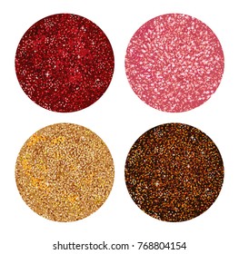 Shimmer Tinsel eyeshadow, lipstick or powder. Abstract shine circles, Red, Bronze, Pink and Gold textures. Make up palette, fashion background. Vector glitter rounds.