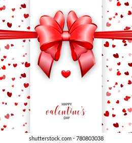 Shimmer Valentines Day greeting card. Realistic confetti 3d red heart shape. Holiday vector illustration. Valentine's day gift box top view. Satin ribbon bow love Valentine text design web banner.