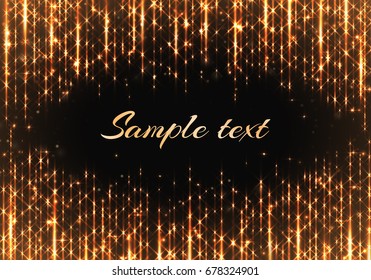 A shimmering background with golden sparkles and a place for a congratulatory text. Rays of light on a dark backdrop vector illustration.