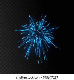 Shimmering blue fireworks explosion isolated on black transparent background. Decorative elements for holiday design. Vector illustration. Bursting glowing shape.