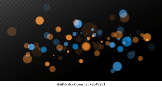 Shimmering blue and gold bokeh lights on dark background ,
Abstract blur overlay, holiday mood feeling for creative templates, vector graphics .