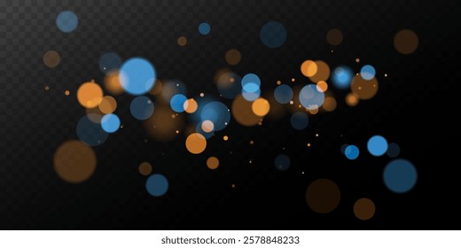 Shimmering blue and gold bokeh lights on dark background ,
Abstract blur overlay, holiday mood feeling for creative templates, vector graphics .