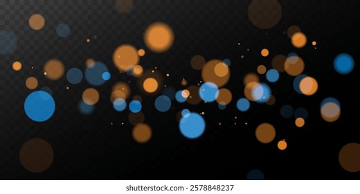 Shimmering blue and gold bokeh lights on dark background ,
Abstract blur overlay, holiday mood feeling for creative templates, vector graphics .