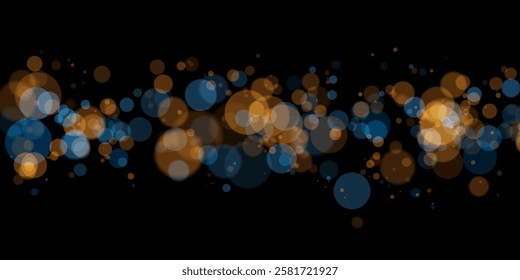 Shimmering blue and gold bokeh lights on dark background ,
Abstract blur overlay, holiday mood feeling for creative templates, vector graphics .