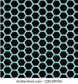 Shimmering blue hexagons on a black background.