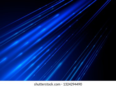 Shimmering blue trace with effect blurred motion and speed. Computer technology background with light effect