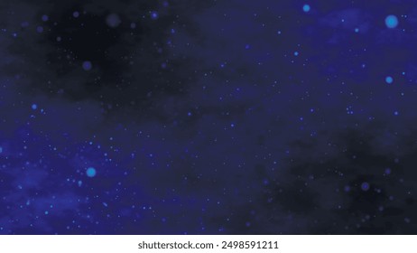 Shimmering, bright particles forming a line and wave flow. Smoke clouds and particle background. Particle movement on dark sky with clouds. Futuristic glitter in space on dark background. 3D vector 