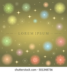 Shimmering Colorful Snowflakes. Golden Stars and Colorful Snowflakes on Gold Background. Perfect for Festive Design. Vector Illustration.