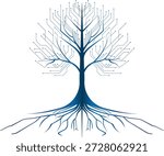 A shimmering cybernetic tree of printed circuits, luminous data nodes, and intertwined digital roots. Transparent background. Sustainable and bio-digital connectivity. Futuristic environment, data