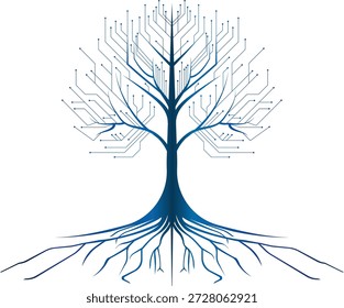 A shimmering cybernetic tree of printed circuits, luminous data nodes, and intertwined digital roots. Transparent background. Sustainable and bio-digital connectivity. Futuristic environment, data