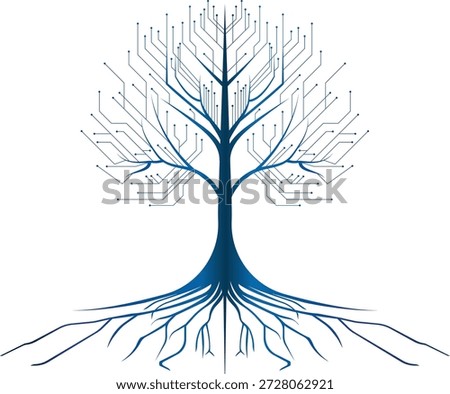 A shimmering cybernetic tree of printed circuits, luminous data nodes, and intertwined digital roots. Transparent background. Sustainable and bio-digital connectivity. Futuristic environment, data