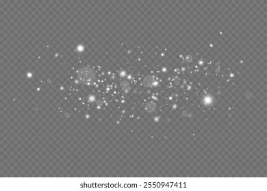 Shimmering dust. Bokeh. Christmas glow and glitter background.White dust light. Bokeh light effect background. Christmas glowing dust on transparent background.