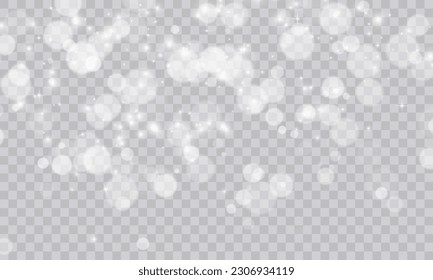 Shimmering Dust. Bokeh Lights. Festive Designs.White png dust light. Bokeh light lights effect background. Christmas background of shining dust. Christmas glowing light confetti and spark overlay
