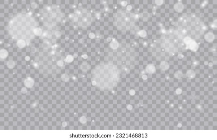 Shimmering Dust. Bokeh Lights. Festive Designs.White png dust light. Bokeh light lights effect background. Christmas background of shining dust. Christmas glowing light confetti and spark overlay