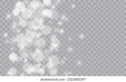 Shimmering Dust. Bokeh Lights. Festive Designs.White png dust light. Bokeh light lights effect background. Christmas background of shining dust. Christmas glowing light confetti and spark overlay