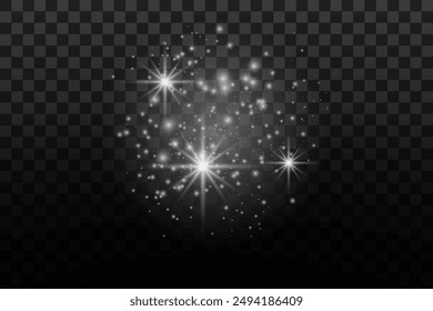 Shimmering Dust. Bokeh Lights. Festive Designs.White png dust light. Bokeh light lights effect background. Christmas background of shining dust. Christmas glowing light confetti and spark overlay.