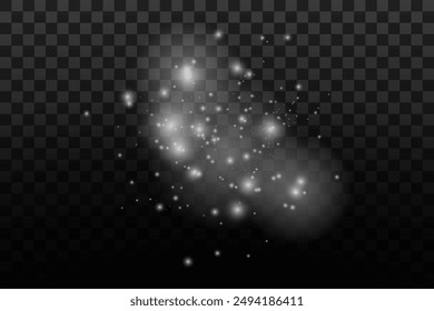 Shimmering Dust. Bokeh Lights. Festive Designs.White png dust light. Bokeh light lights effect background. Christmas background of shining dust. Christmas glowing light confetti and spark overlay.