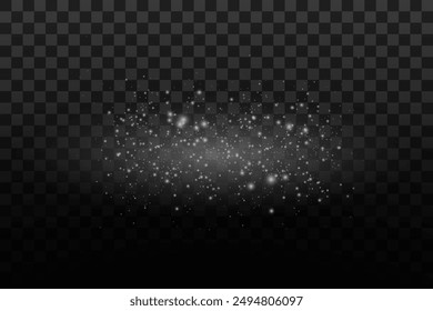 Shimmering Dust. Bokeh Lights. Festive Designs.White png dust light. Bokeh light lights effect background. Christmas background of shining dust. Christmas glowing light confetti and spark overlay.