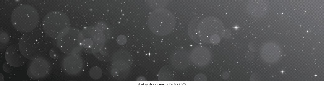 Shimmering Dust. Bokeh Lights. Festive Designs.White png dust light. Bokeh light lights effect background. Christmas background of shining dust. Christmas glowing light confetti and spark overlay.