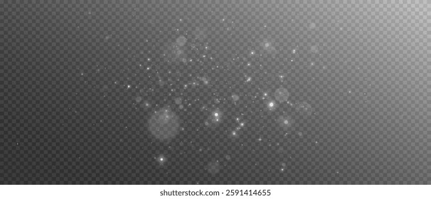 Shimmering Dust. Bokeh Lights. Festive Designs.White png dust light. Bokeh light effect background. Christmas background of shining dust. Christmas glowing light confetti and spark overlay. Space star