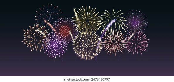 Shimmering firework display realistic vector illustration. Colorful exploding fire show in night sky 3d element on dark background