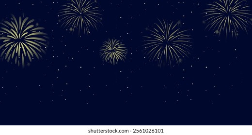 Shimmering fireworks display realistic vector illustration. Colourful exploding fire show in night sky 3d element on dark background, colourful exploding fireworks in the sky - celebration card.