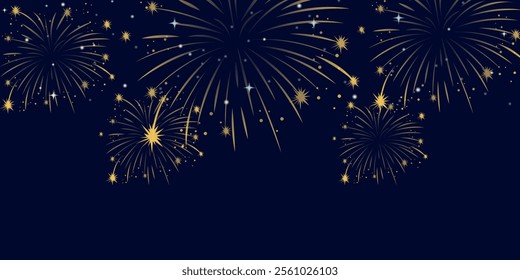 Shimmering fireworks display realistic vector illustration. Colourful exploding fire show in night sky 3d element on dark background, colourful exploding fireworks in the sky - celebration card.