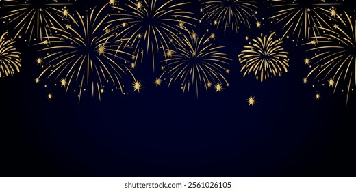 Shimmering fireworks display realistic vector illustration. Colourful exploding fire show in night sky 3d element on dark background, colourful exploding fireworks in the sky - celebration card.