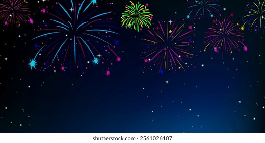 Shimmering fireworks display realistic vector illustration. Colourful exploding fire show in night sky 3d element on dark background, colourful exploding fireworks in the sky - celebration card.