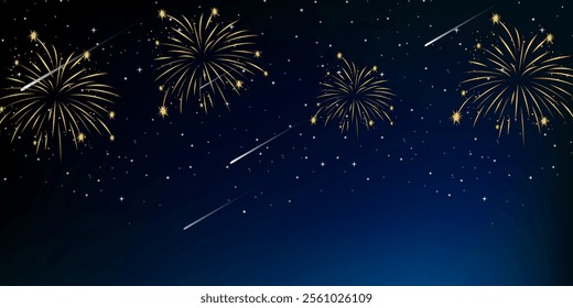 Shimmering fireworks display realistic vector illustration. Colourful exploding fire show in night sky 3d element on dark background, colourful exploding fireworks in the sky - celebration card.