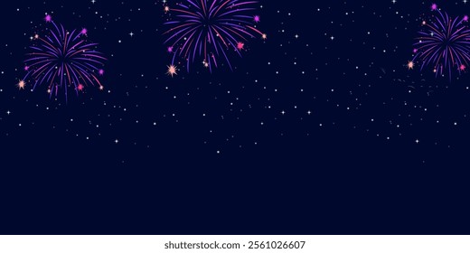 Shimmering fireworks display realistic vector illustration. Colourful exploding fire show in night sky 3d element on dark background, colourful exploding fireworks in the sky - celebration card.