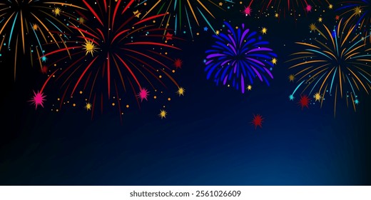 Shimmering fireworks display realistic vector illustration. Colourful exploding fire show in night sky 3d element on dark background, colourful exploding fireworks in the sky - celebration card.