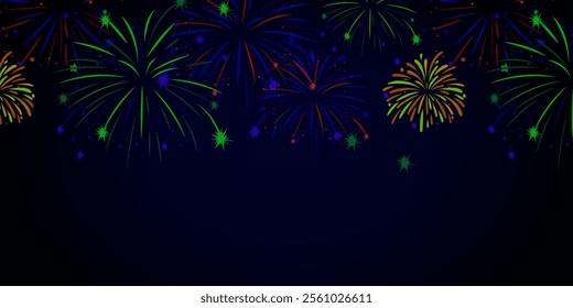 Shimmering fireworks display realistic vector illustration. Colourful exploding fire show in night sky 3d element on dark background, colourful exploding fireworks in the sky - celebration card.