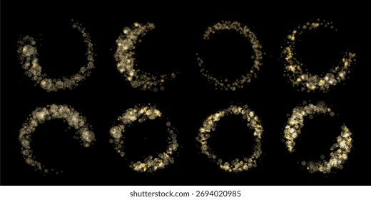 Círculos brillantes. Anillos de polvo de luz brillante con rastro de destellos mágicos, marcos redondos brillantes dorados y bordes circulares brillantes de lujo con polvo de estrellas, orbes bokeh brillantes conjunto de Vector.