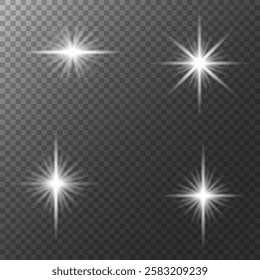 Schimmernde Lichteffekte mit leuchtenden Sternen auf transparentem Hintergrund. Moderne digitale Illustration mit leuchtenden Sternen und funkelnden Lichtern auf transparentem Hintergrund, perfekt für Dekorationen, Overlays,