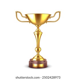 Shimmering golden cup realistic vector illustration. Traditional bowl reward prepared for competition winner 3d object on white background